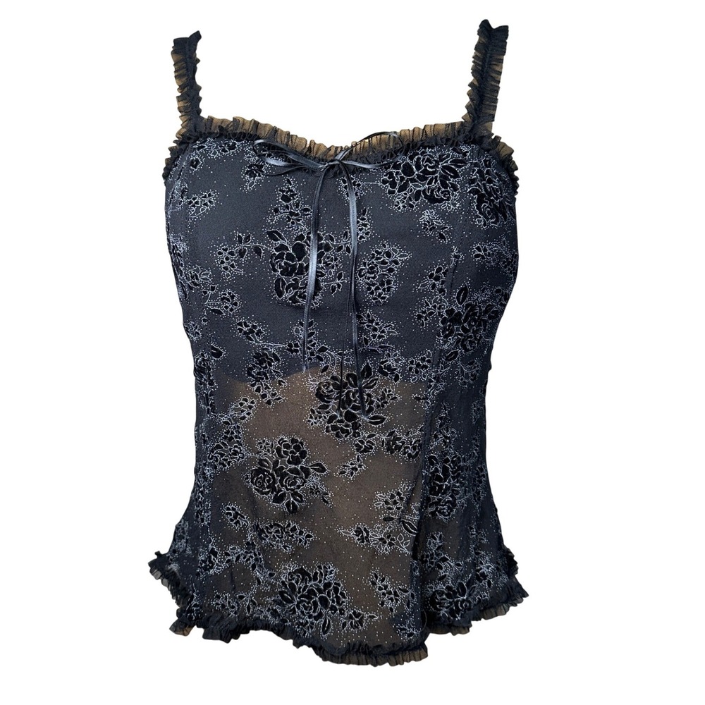 Arianne Black Floral Velvet Flock Mesh Cami Tank Top XL Ruffle Trim Goth 90s Y2K